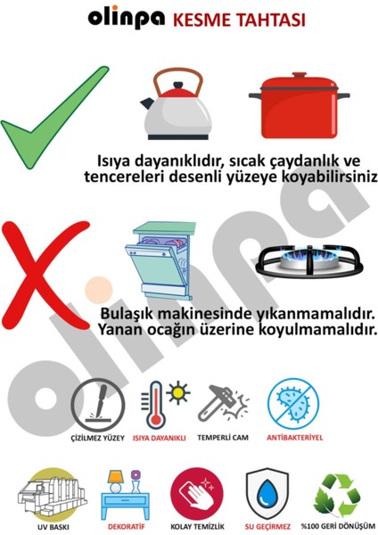 Baskılı Cam Kesme Tahtası Temperli Cam 20 x 30 cm 1 Adet