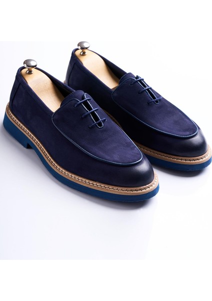Italyan Stil Iç Dış Naturel Deri Nubuk Erkek Ayakkabı Lacivert T13592