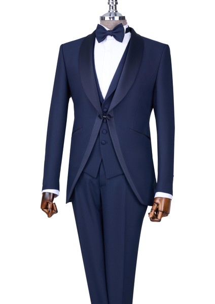 Italyan Stil Slim Fit Şal Yaka Ceket Yelek Pantolon Damatlık Set Lacivert T13696