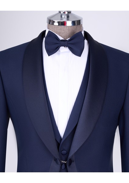 Italyan Stil Slim Fit Şal Yaka Ceket Yelek Pantolon Damatlık Set Lacivert T13696