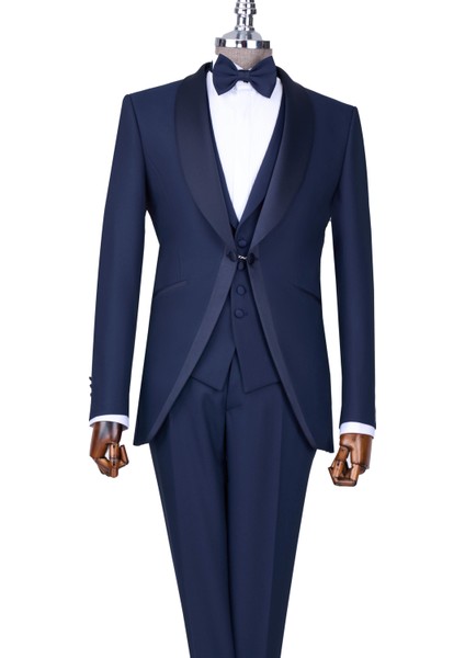Italyan Stil Slim Fit Şal Yaka Ceket Yelek Pantolon Damatlık Set Lacivert T13696