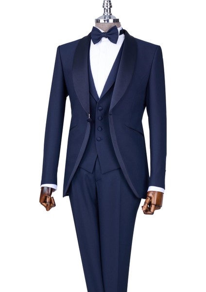 Italyan Stil Slim Fit Şal Yaka Ceket Yelek Pantolon Damatlık Set Lacivert T13696
