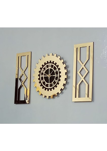 Dekoratif Hediyelik Tablo Duvar Saati 3''lü Set Aynalı Duvar Saati Pleksi Gold 40 cm
