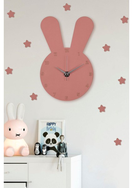 Ahşap Pembe Tavşanlı Çocuk Odası Duvar Saati