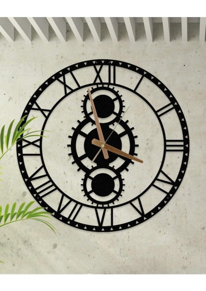 Dekoratif Roma Rakamlı Metal Duvar Saati Çark Temalı 60X60CM