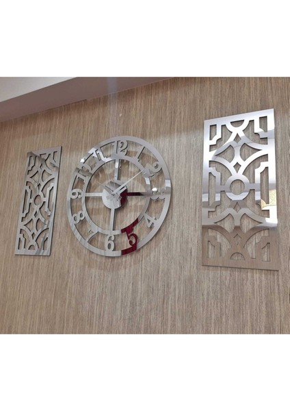 3lü Duvar Saati ve Dekor Gümüş (Saat 50X50CM Dekor 24X50CM) Türk Rakamlı Mdf Üzeri Aynalı Pleksi