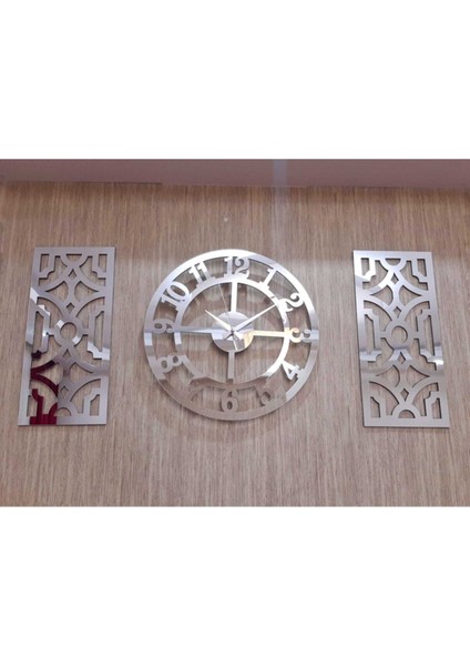 3lü Duvar Saati ve Dekor Gümüş (Saat 50X50CM Dekor 24X50CM) Türk Rakamlı Mdf Üzeri Aynalı Pleksi fiyatları