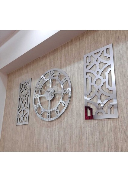 3lü Duvar Saati ve Dekor Gümüş (Saat 50X50CM Dekor 24X50CM) Türk Rakamlı Mdf Üzeri Aynalı Pleksi modelleri