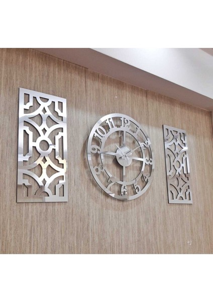3lü Duvar Saati ve Dekor Gümüş (Saat 50X50CM Dekor 24X50CM) Türk Rakamlı Mdf Üzeri Aynalı Pleksi fırsatları