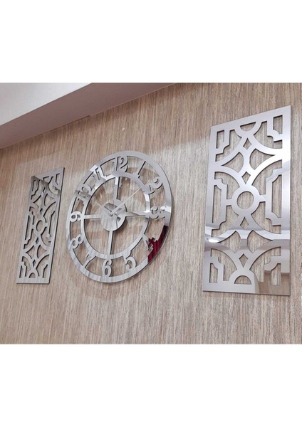 3lü Duvar Saati ve Dekor Gümüş (Saat 50X50CM Dekor 24X50CM) Türk Rakamlı Mdf Üzeri Aynalı Pleksi indirimleri