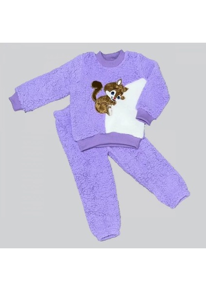 Masum Yavru Sincap Nakışlı Kuzu Kumaş Sweat Pantolon 2li Kız Erkek Bebek Takımı Lila