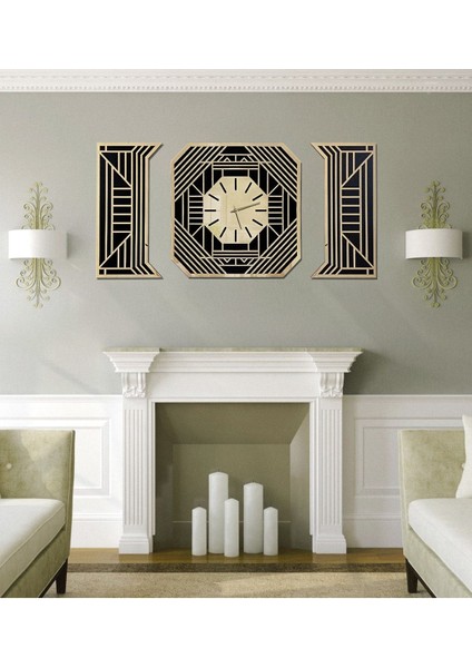 Geometrik Tasarım Mdf Üzeri Gold Aynalı Pleksi 3lü Duvar Saat Seti