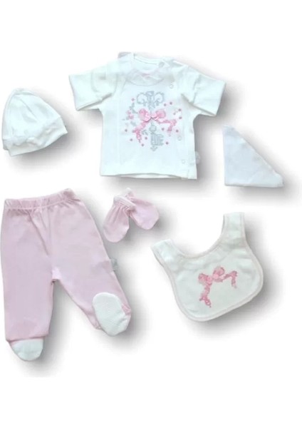 Kanaviçe Nakışlı Cotton Antibakteriyel 5li Zıbın Takımı Hastane Çıkışı Pembe