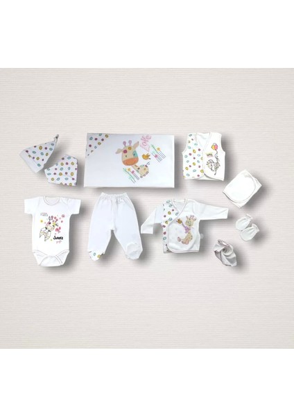 Love Zürafa Nakışlı Cotton Antibakteriyel 10LU Zıbın Takımı Hastane Çıkışı Ekru