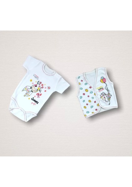Love Zürafa Nakışlı Cotton Antibakteriyel 10LU Zıbın Takımı Hastane Çıkışı Ekru