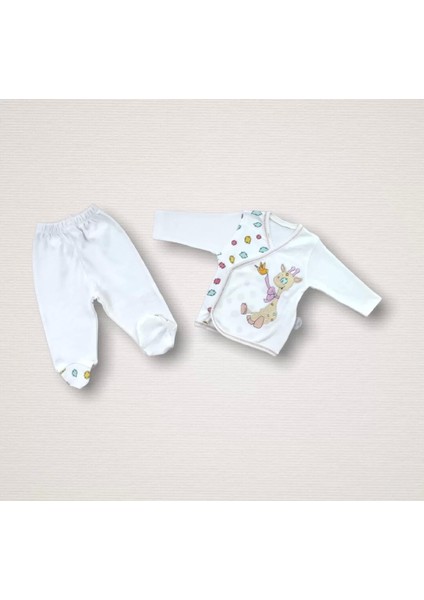 Love Zürafa Nakışlı Cotton Antibakteriyel 10LU Zıbın Takımı Hastane Çıkışı Ekru