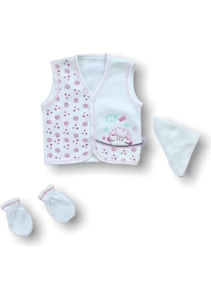 Kuzucuk Nakışlı Cotton Antibakteriyel 5li Zıbın Takımı Hastane Çıkışı Ekru