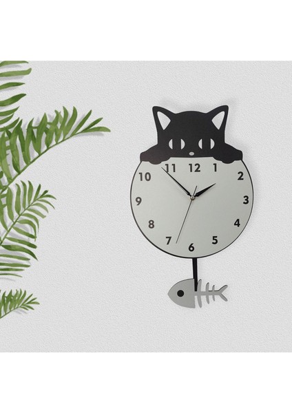 Ahşap Sallanan Sarkaçlı Siyah Kedi ve Kılçık Duvar Saati Dekor
