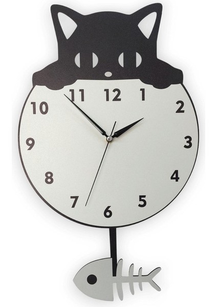 Ahşap Sallanan Sarkaçlı Siyah Kedi ve Kılçık Duvar Saati Dekor modelleri