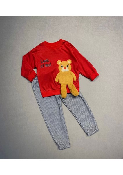 Ayıcık Sallanan Ayak Desenli Likra Penye Kumaş Sweat Pantolonlu Kız Erkek 2li Çocuk Takımı Kırmızı