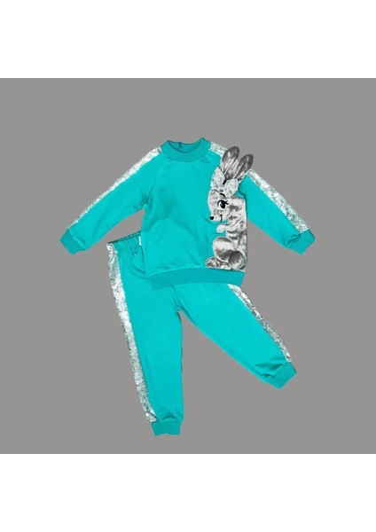 Petli Pelüş Tavşan Desenli Likra Penye Kumaş Sweat Pantolonlu Kız 2li Çocuk Takımı Mint Yeşili