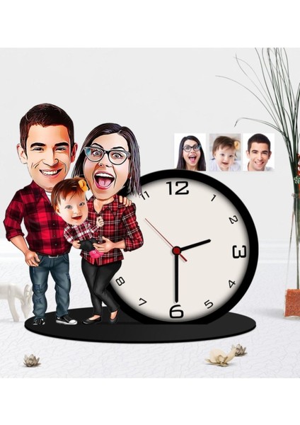Kişiye Özel Aile Karikatürlü Ahşap Biblo Masa Saati-2