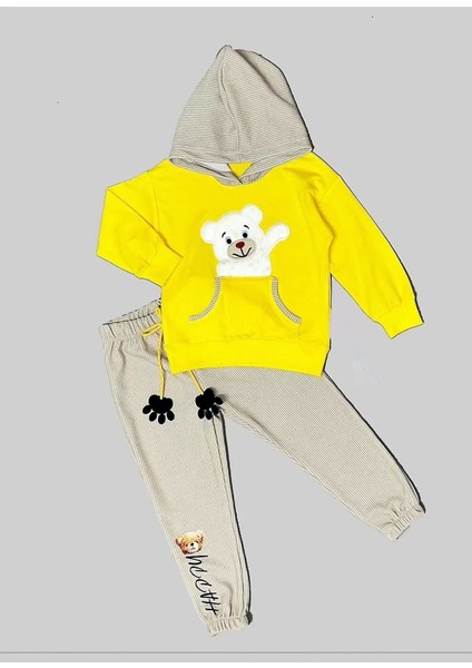 Pelüş Ayı Desenli Kapşonlu Uzun Kollu Penye Sweat 2li Erkek Çocuk Takımı Sarı