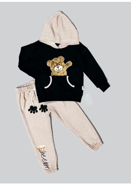 Pelüş Ayı Desenli Kapşonlu Uzun Kollu Penye Sweat 2li Erkek Çocuk Takımı Siyah