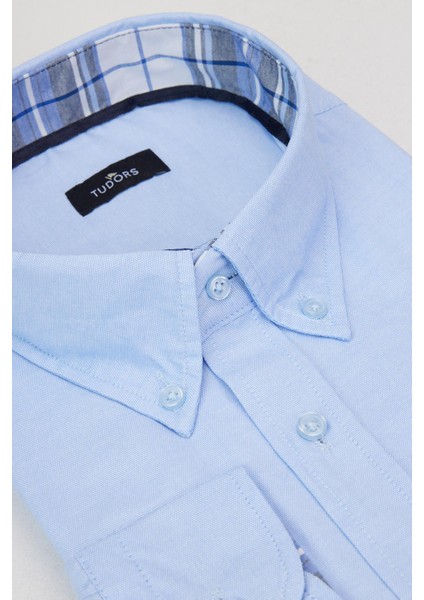 Erkek Büyük Beden Rahat Kesim Pamuklu Kolay Ütülenebilir Düğmeli Yaka Düz Mavi Spor Gömlek