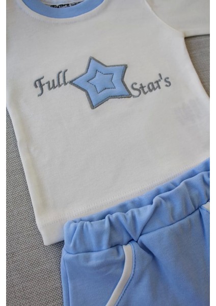 Full Star Nakışlı Şapkalı Uzun Kollu Sweat 3lü Erkek Bebek Takımı Mavi