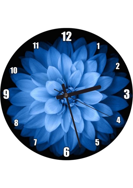 Siyah Zeminde Mavi Çiçek Duvar Saati (Çap 30X30 Cm)