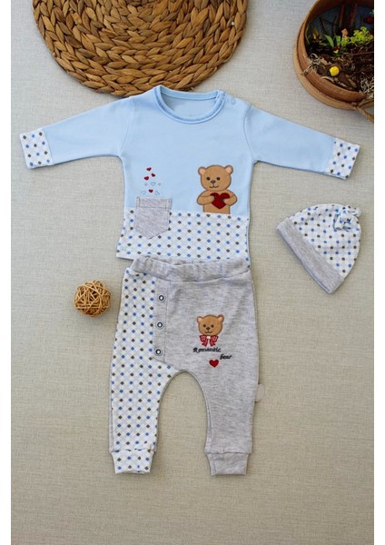 Romantik Ayıcık Nakışlı Şapkalı Uzun Kollu Sweatli 3lü Kız-Erkek Bebek Takımı Mavi