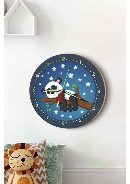Fosforlu Gece Parlayan Çocuk Odası Duvar Saati Uykucu Panda Iyi Geceler