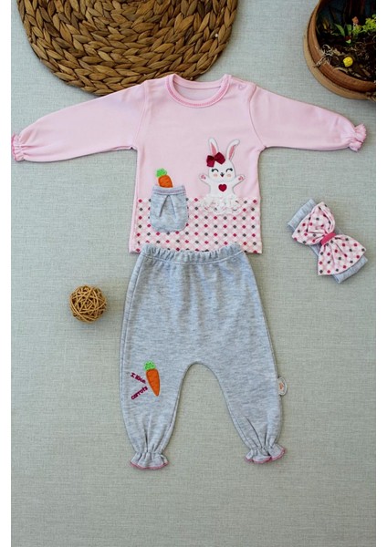 Havuç Tavşan Nakışlı Bandanalı Cepli Uzun Kollu Sweatli 3lü Kız Bebek Tak Pembe