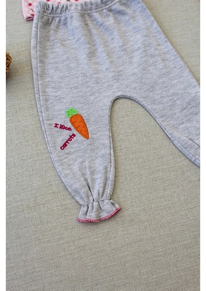 Havuç Tavşan Nakışlı Bandanalı Cepli Uzun Kollu Sweatli 3lü Kız Bebek Tak Pembe