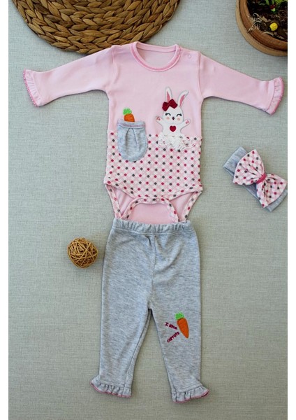 Havuç Tavşan Nakışlı Bandanalı Uzun Kollu Zıbınlı 3lü Kız Bebek Tak Pembe