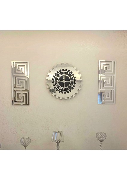 Dekoratif 3 Lü Set Pleksi Gümüş Aynalı 3D Kabartmalı El Boyaması Şık Duvar Saati ve Dekoru