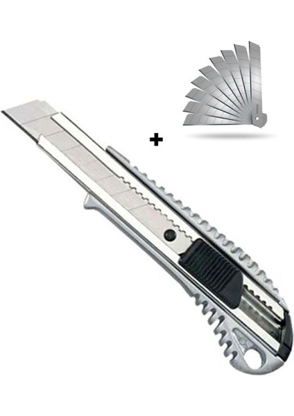 Luxury Metal Maket Bıçağı Falçata + 10 Adet Yedek Bıçak Büyük Boy 1 Adet