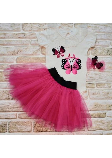 Petli Kelebek Nakışlı Taçlı Kısa Kollu Tütü Etek 3lü Kız Bebek Takımı Fuşya fiyatları