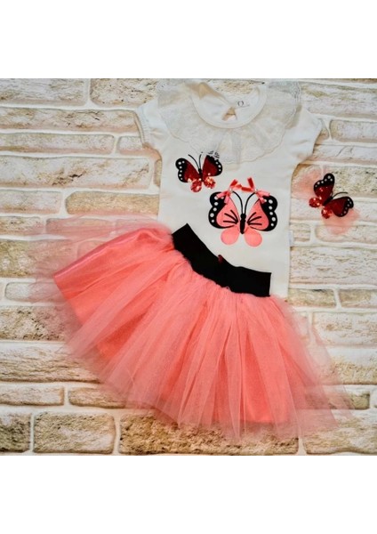 Petli Kelebek Nakışlı Taçlı Kısa Kollu Tütü Etek 3lü Kız Bebek Takımı Nar Çiçeği fiyatları