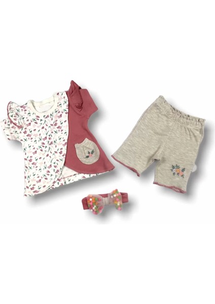 Melek Kız Nakışlı Bandanalı Kısa Kollu Sweatli Şortlu 3lü Kız Bebek Takımı Nar Çiçeği