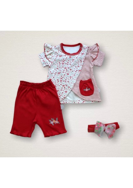 Melek Kız Nakışlı Bandanalı Kısa Kollu Sweatli Şortlu 3lü Kız Bebek Takımı Kırmızı