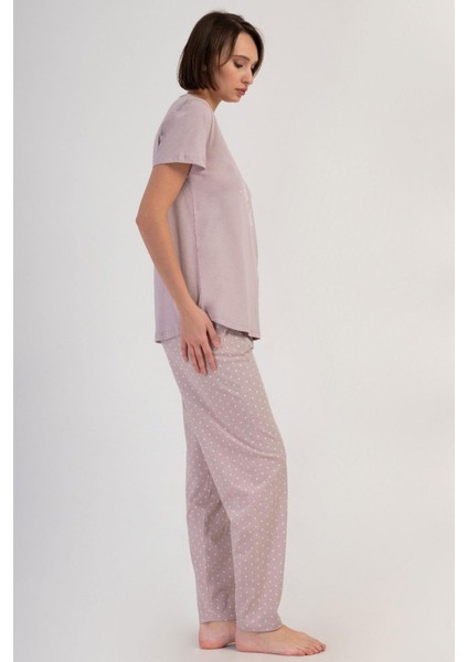 Açık Kahve Kadın Büyük Beden Kısa Kollu Pijama Takımı