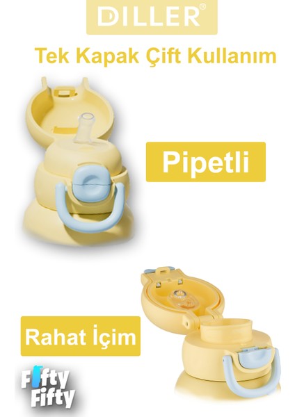 Dıller 520 ml Tek Kapak Çift Kullanım Pipetli/pipetsiz Kılıflı-Askılı Çelik Su Matarası -FFDILLERD9241