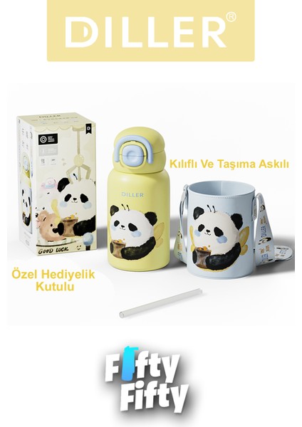 Dıller 520 ml Tek Kapak Çift Kullanım Pipetli/pipetsiz Kılıflı-Askılı Çelik Su Matarası -FFDILLERD9241