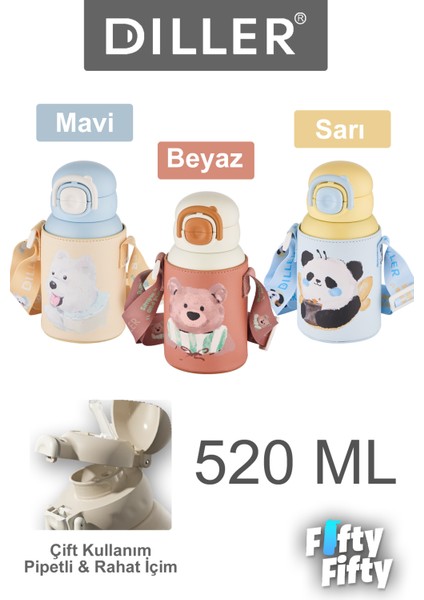Dıller 520 ml Tek Kapak Çift Kullanım Pipetli/pipetsiz Kılıflı-Askılı Çelik Su Matarası -FFDILLERD9241