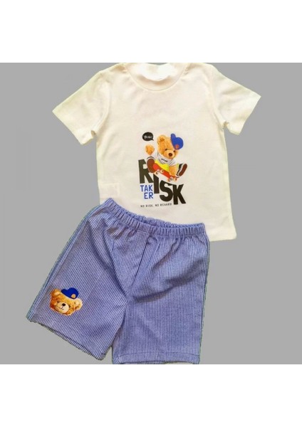 Kaykaycı Ayı Baskılı Şortlu Kısa Kollu Tişört 2li Erkek Bebek Takımı Indigo