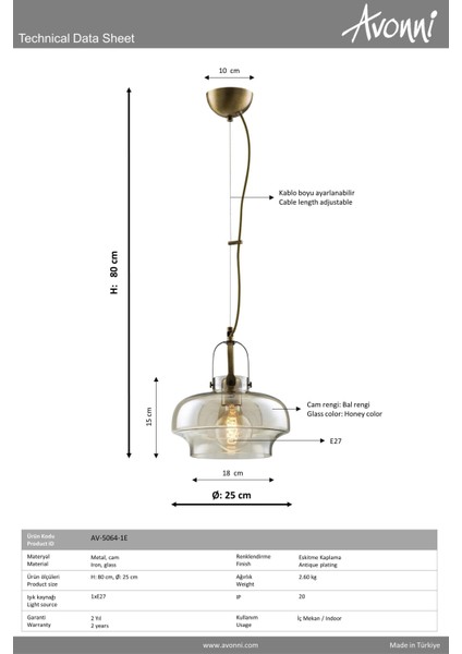 Avonnı AV-5064-1E Eskitme Kaplama Modern Avize E27 Metal Cam 25CM fiyatları