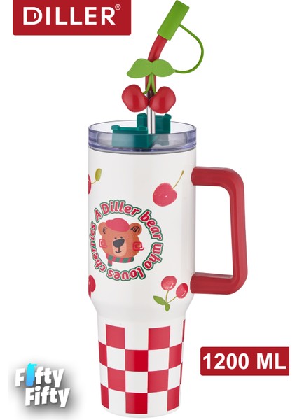 Dıller Quencher Cup 1200 ml Pipetli/rahat Içim Kulplu Paslanmaz Çelik Termos -FFDILLERD9221