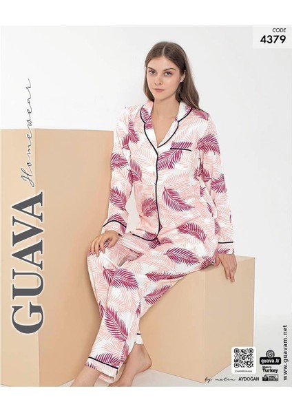 Yaprak Desenli Kadın Önden Düğmeli Uzun Kollu Pijama Takımı